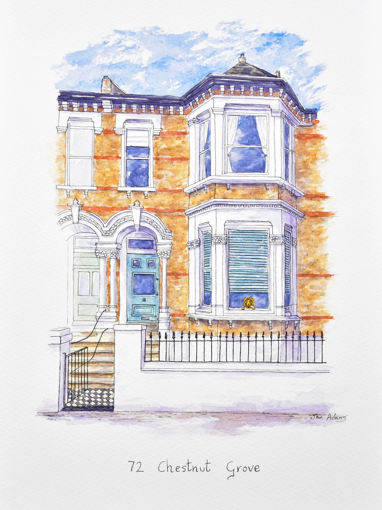 Mid terrace town house in watercolour and ink with dog looking out the window