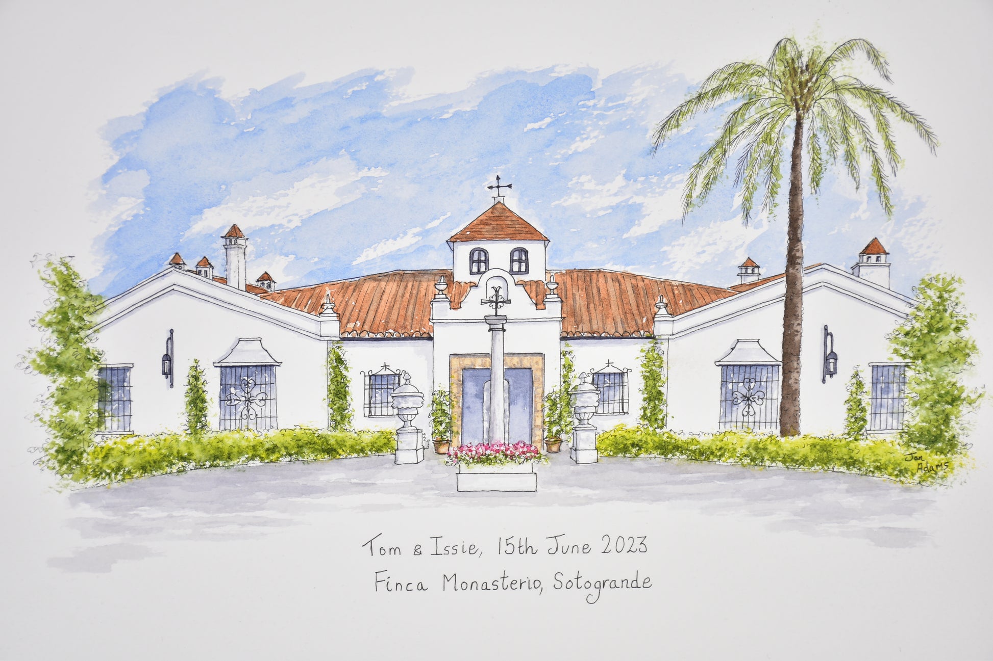 Colonial wedding venue painted in ink and watercolour