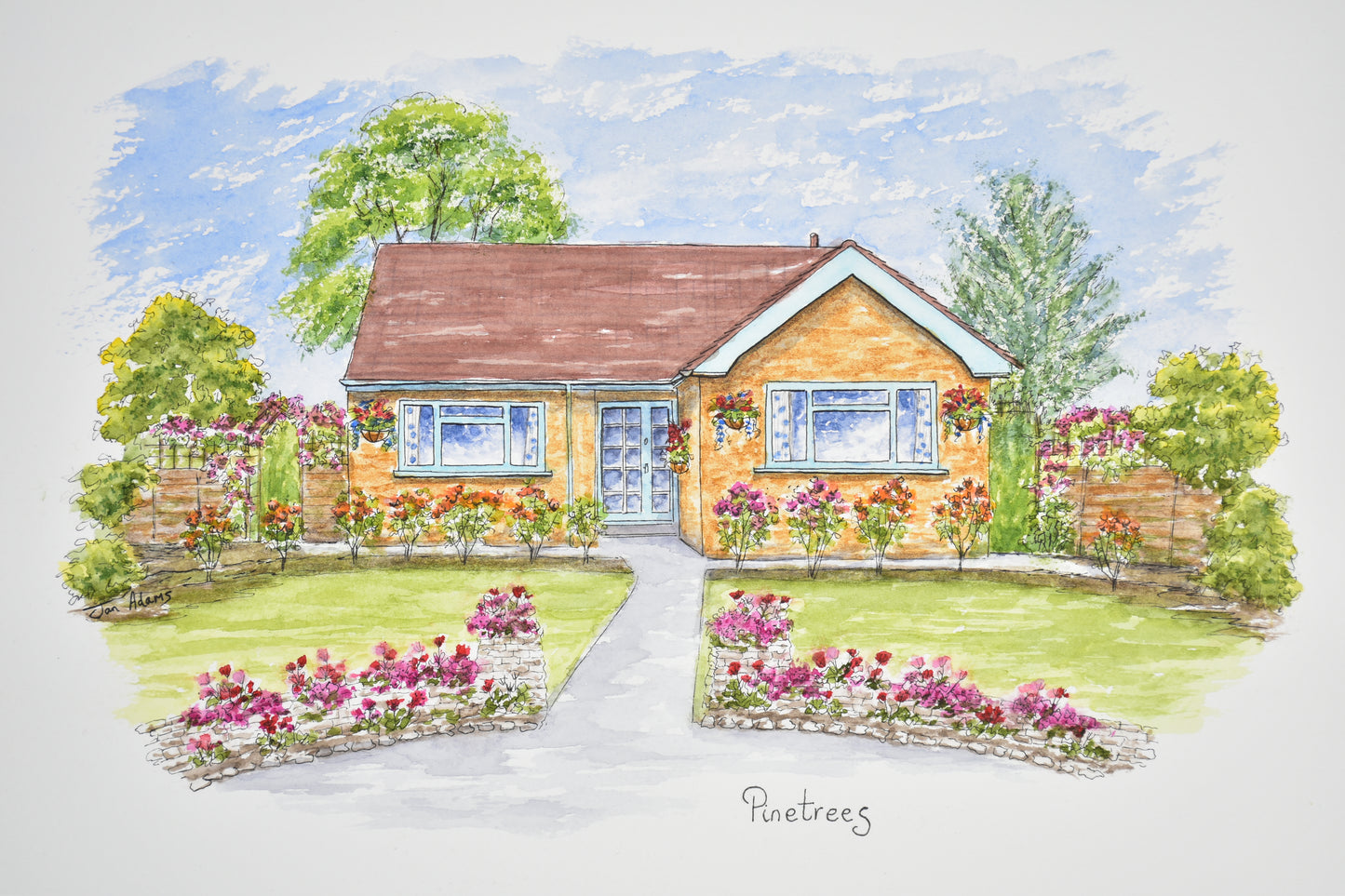 Pretty bungalow in watercolour surrounded by flowers