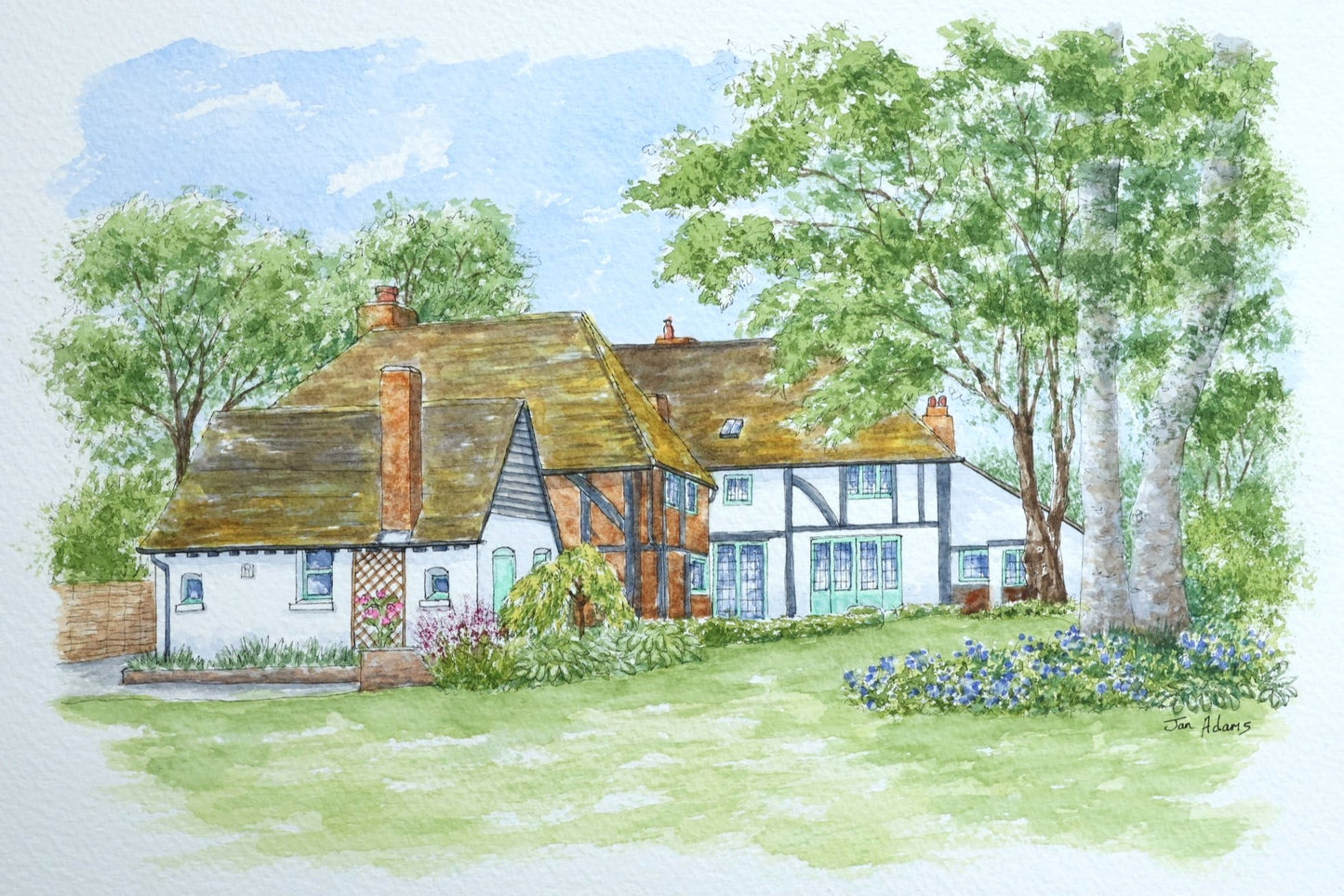 Reed Beds House portrait with garden and large tree