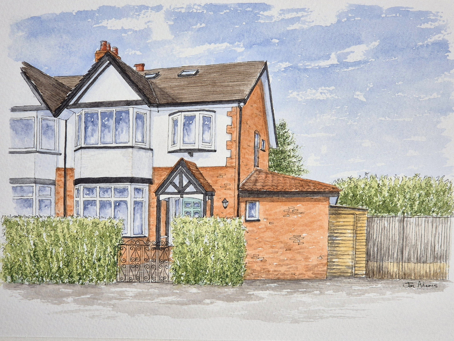 House portrait of semi detached house with pretty hedge and gate