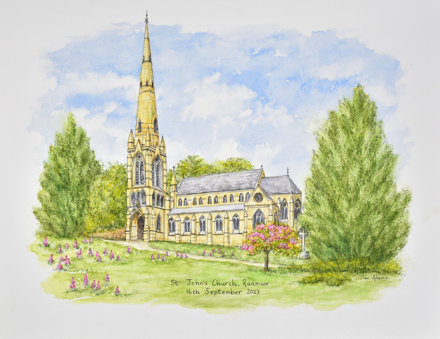 St Johns Church, Ranmore painted in ink and watercolour