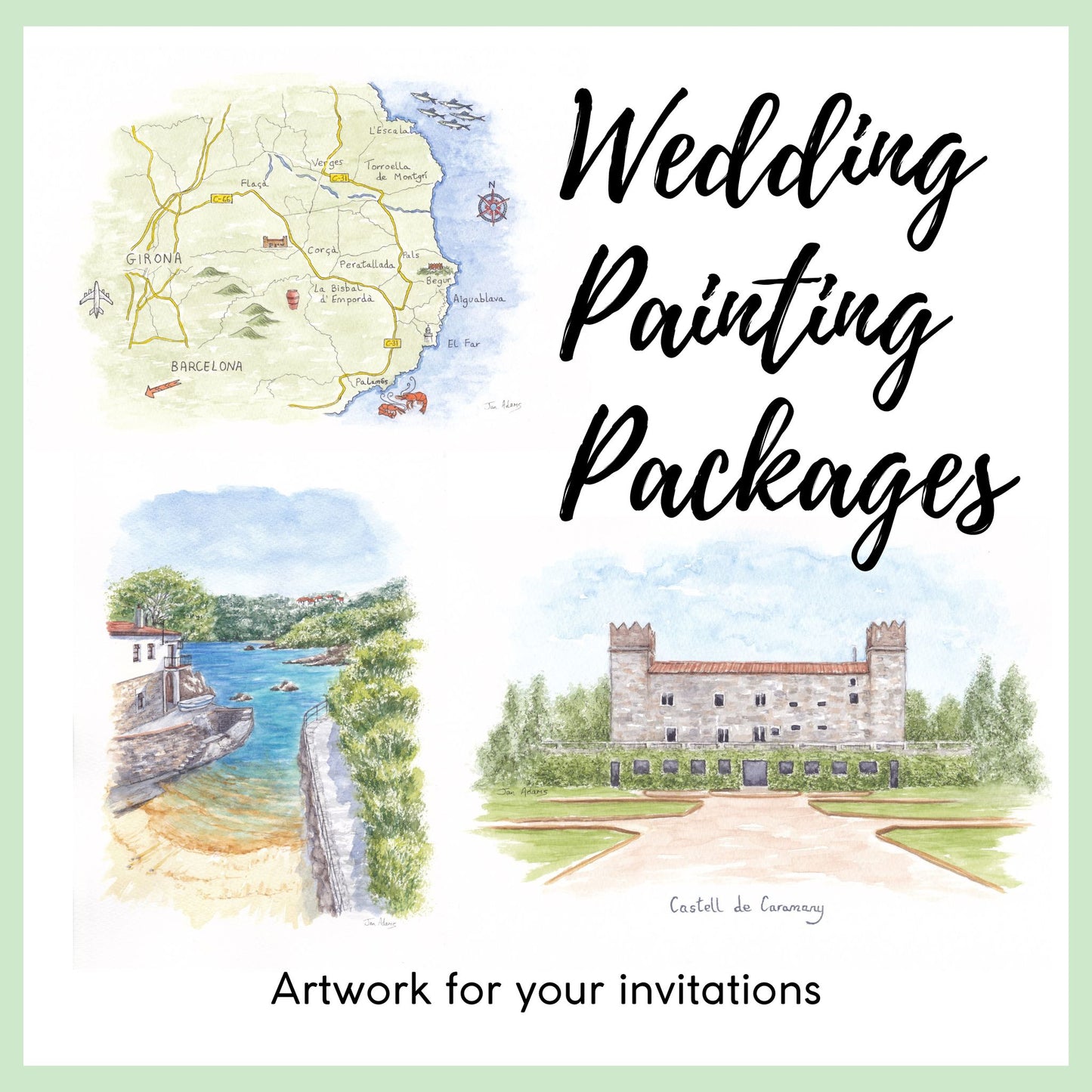Wedding artwork for invitations, showing map, local bay and wedding venue