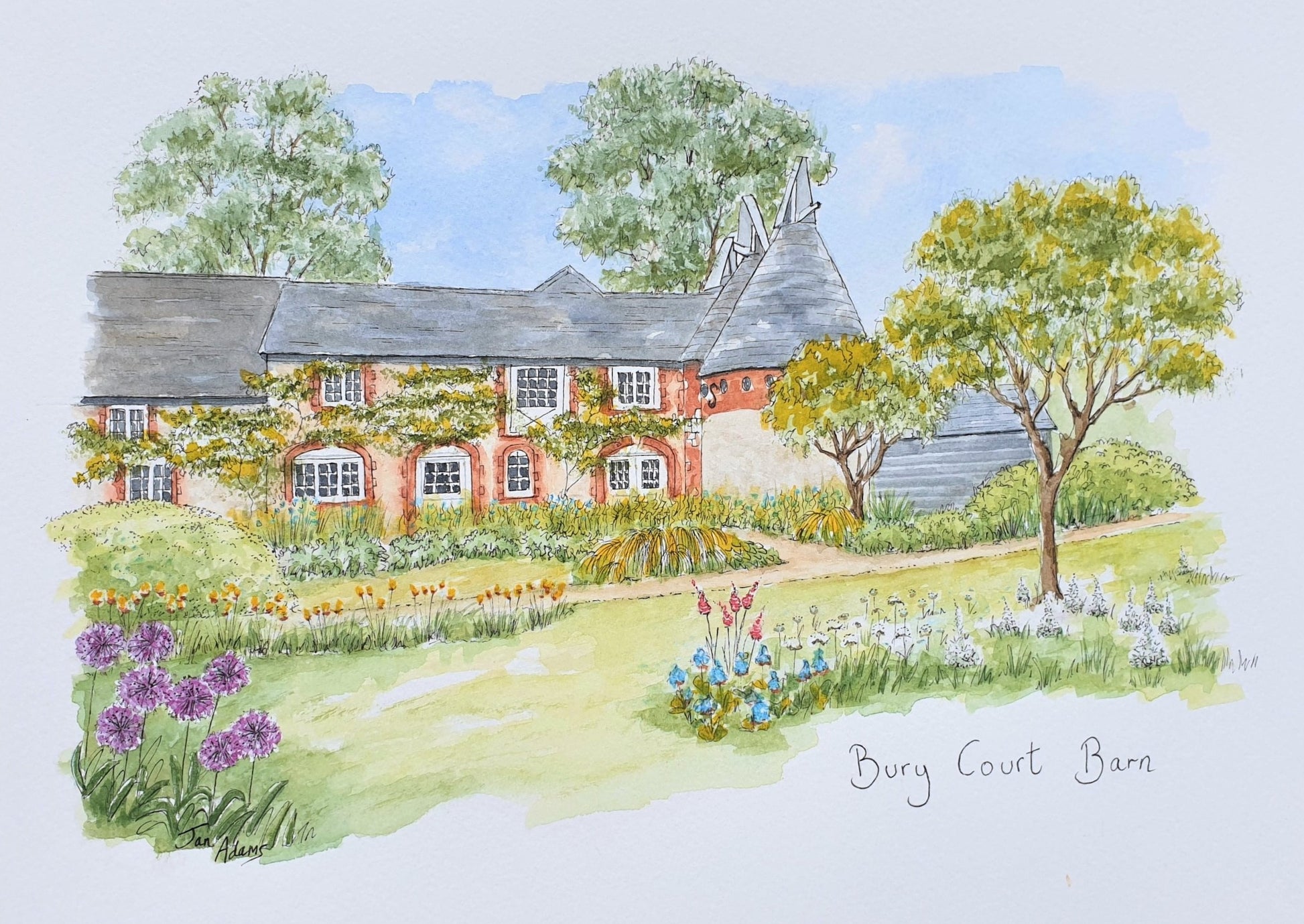 Custom wedding venue painting of barn conversion with oast houses and gardens