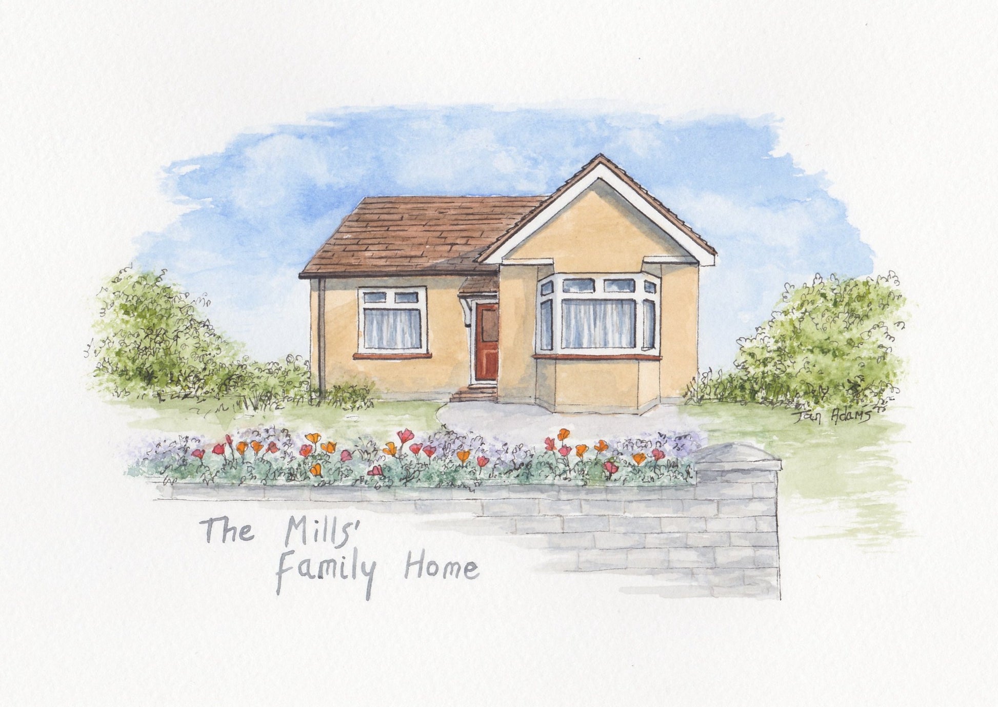 Colourful illustration of small detached house from photo