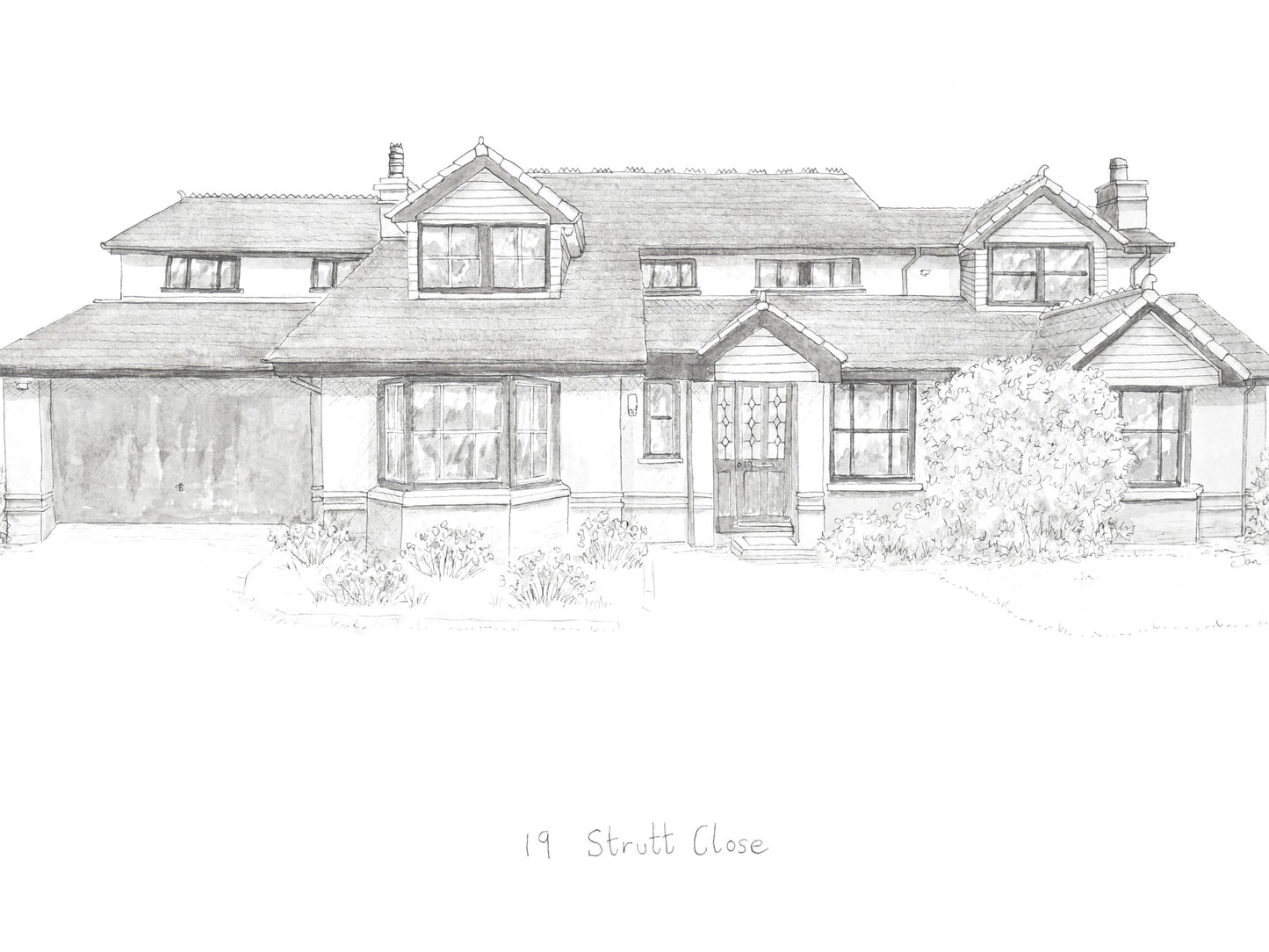 Large detached house painted in pen and ink