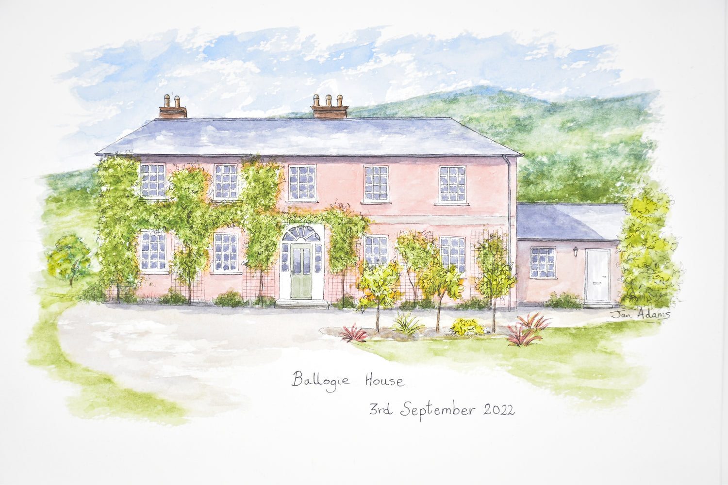 Ballogie House wedding venue painting in ink and watercolour
