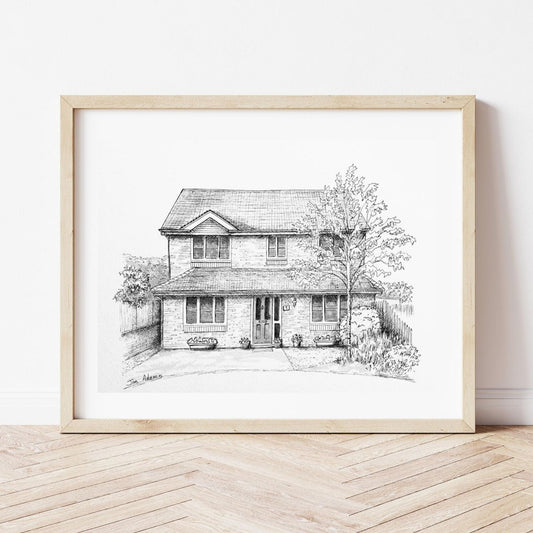 Detached house painting in black ink wash