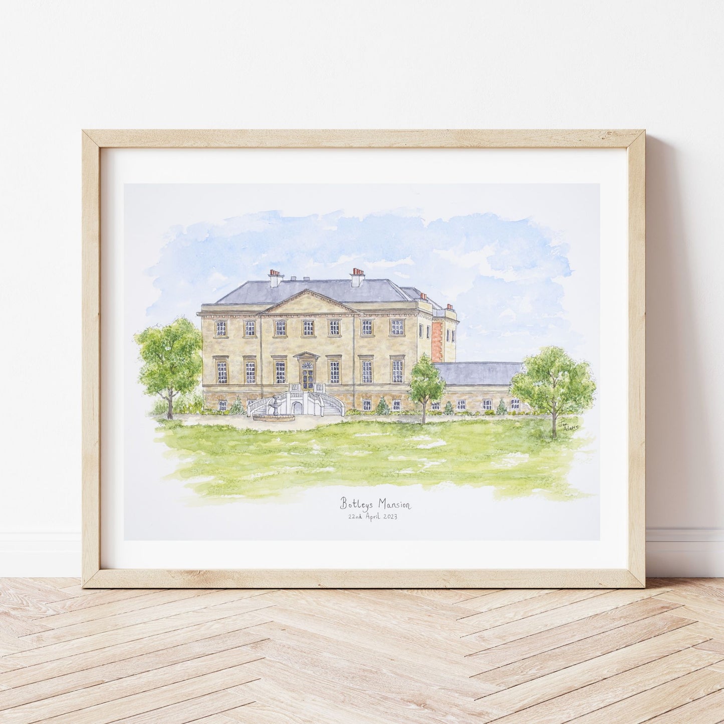 Wedding painting of Botley Mansion in watercolour