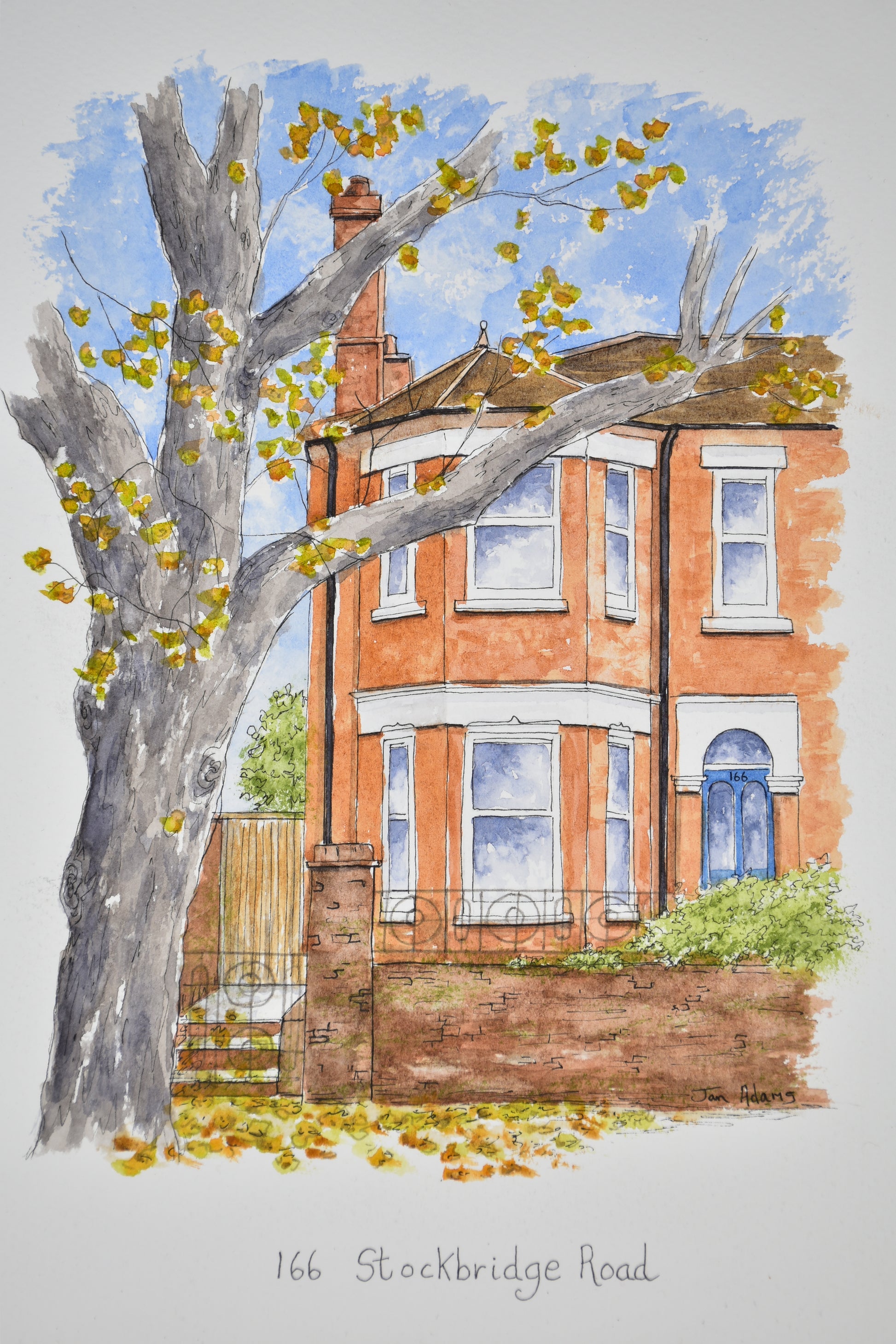 Victorian end of terrace house painting with large tree outside, autumn leaves on ground