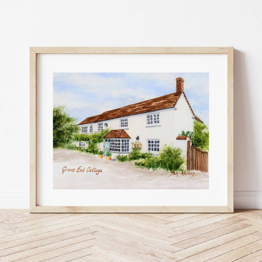 Watercolour painting of white country cottage by Jan Adams, House Portrait Artist