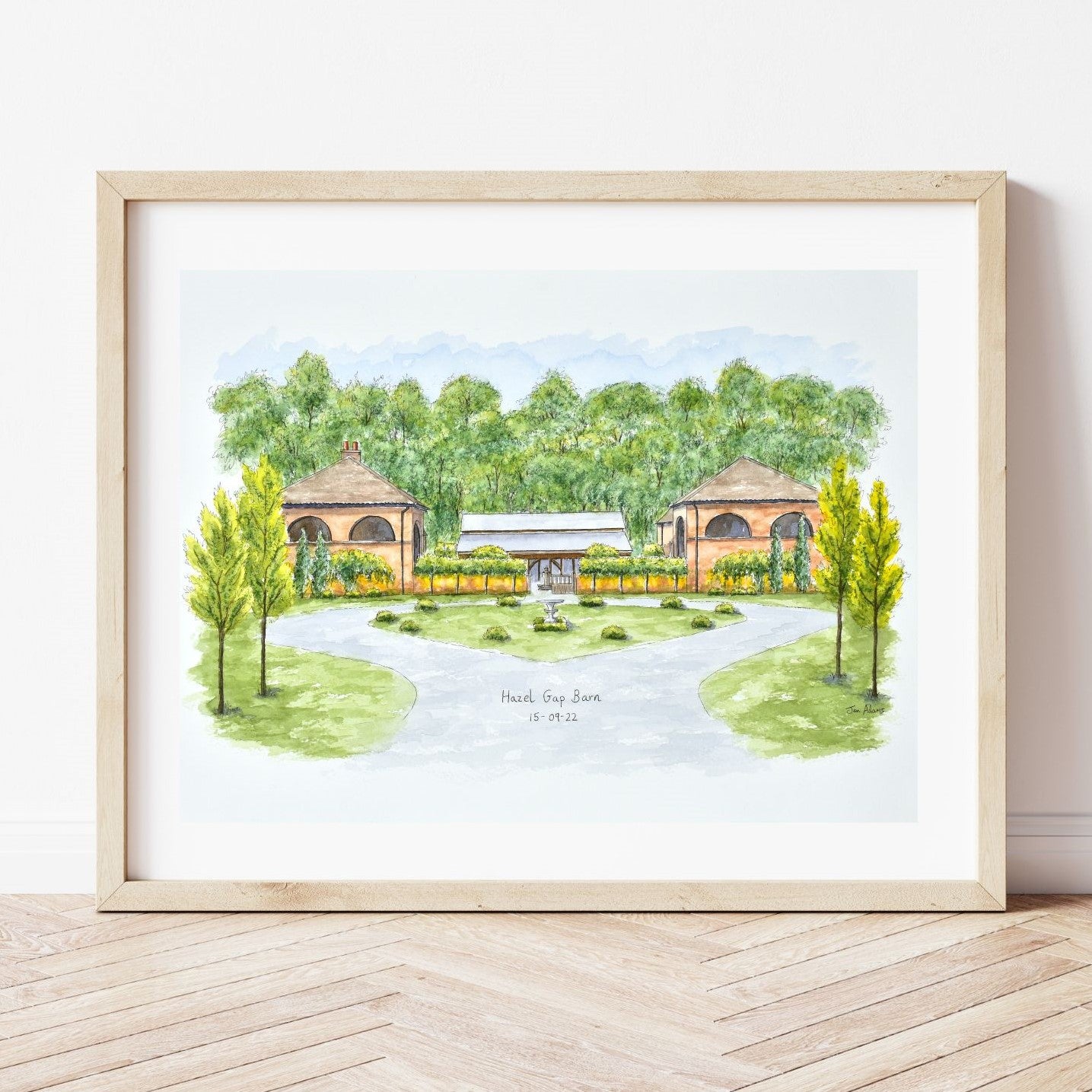 Hazel Gap Barn wedding gift painted in ink and watercolour