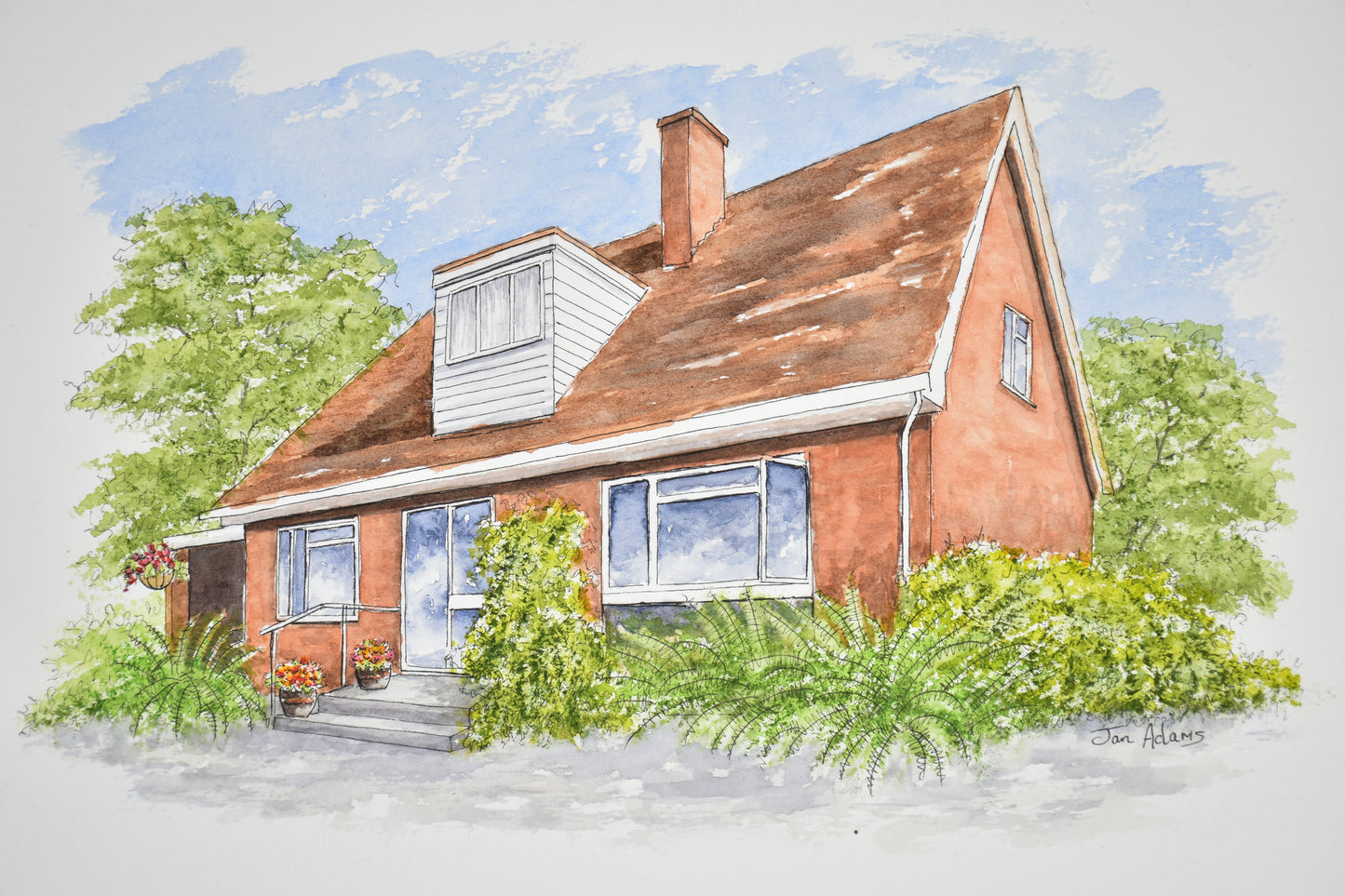 Pen and watercolour painting of dormer bungalow by house portrait artist