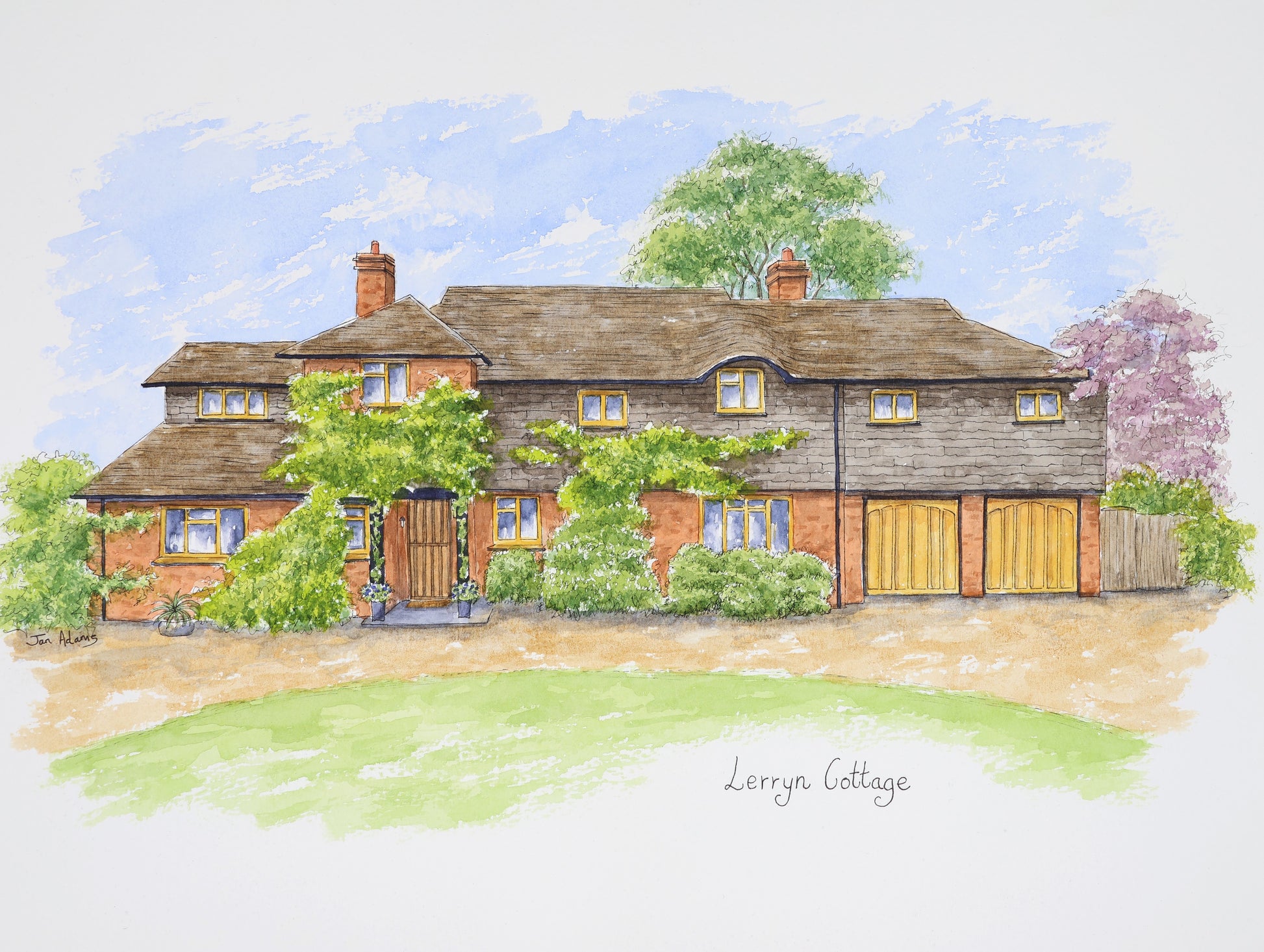 Painting of large detached house with double garage