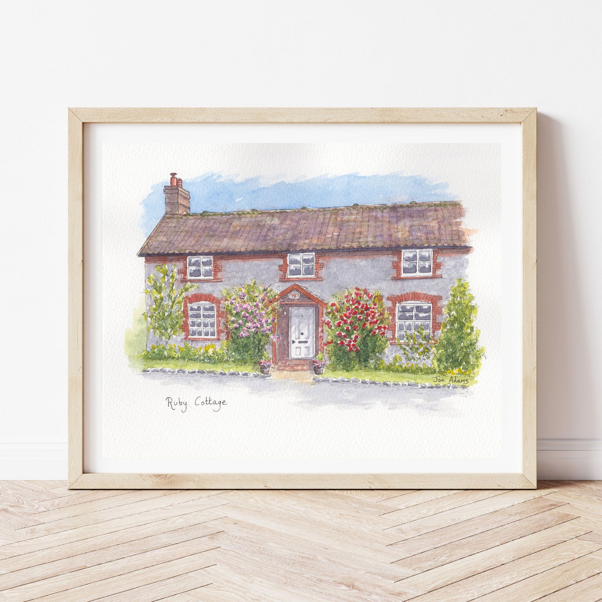 Pretty cottage with flintstones watercolour painting