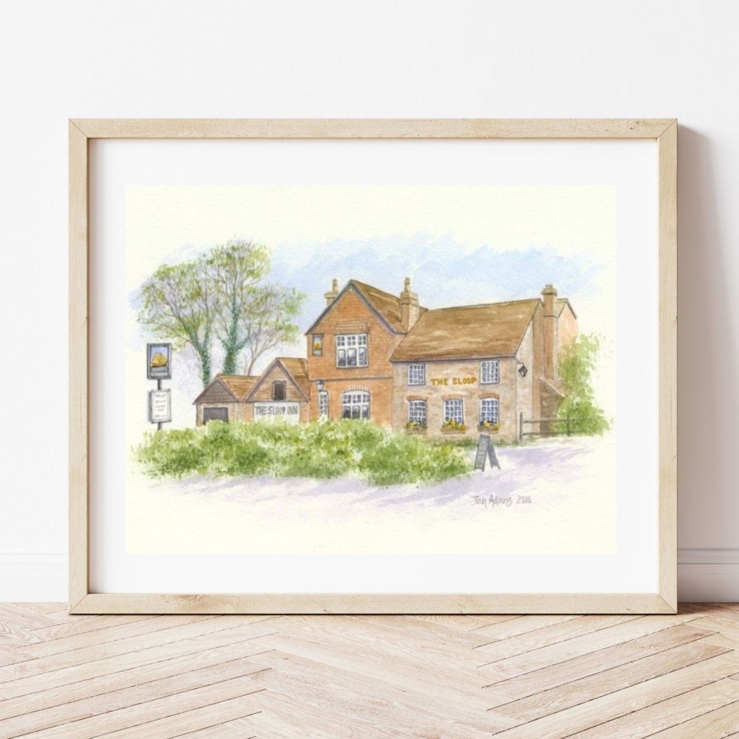 Watercolour sketch of The Sloop Inn, Sussex pub sign