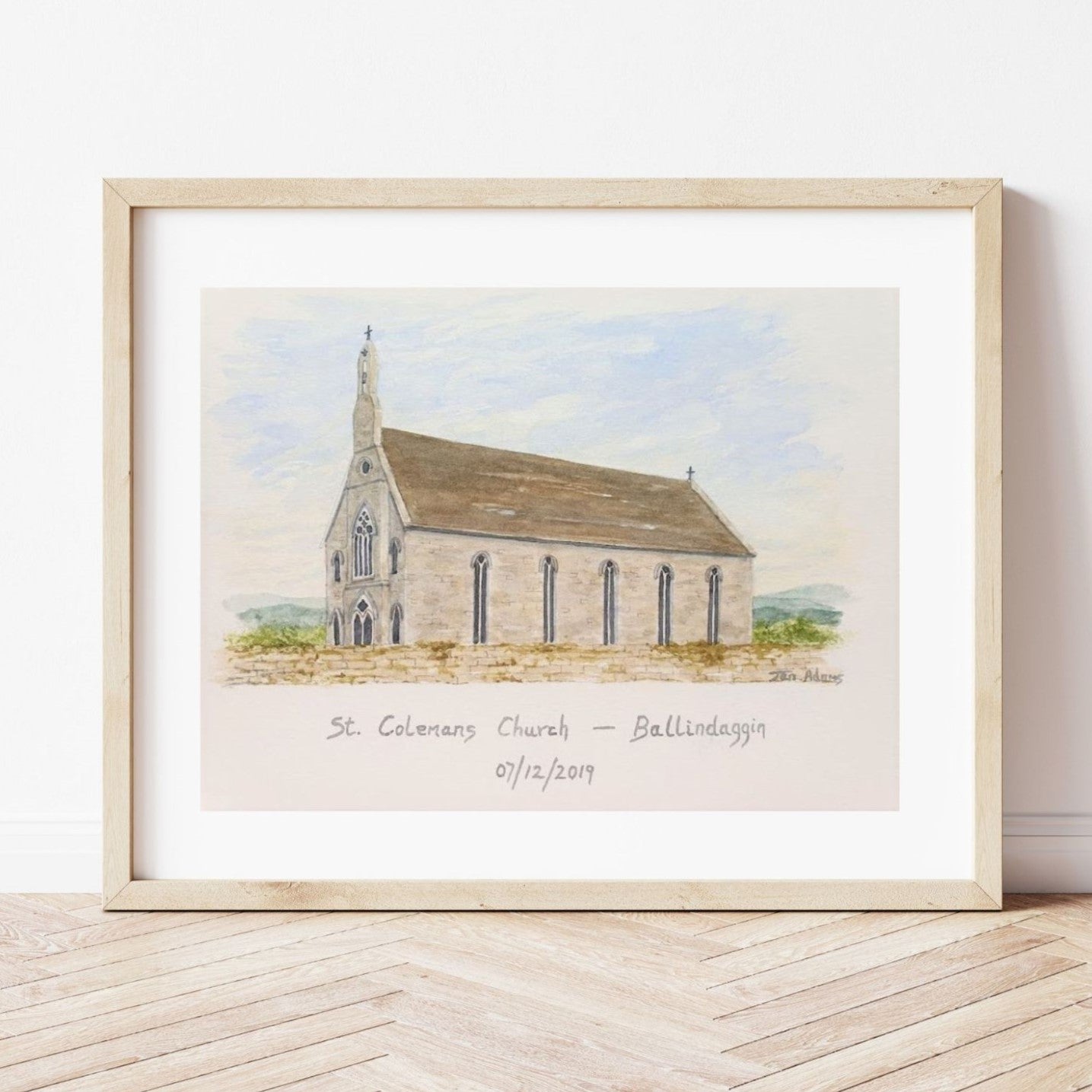 St Colemans Church in Ballindaggin painting with stone wall in foreground