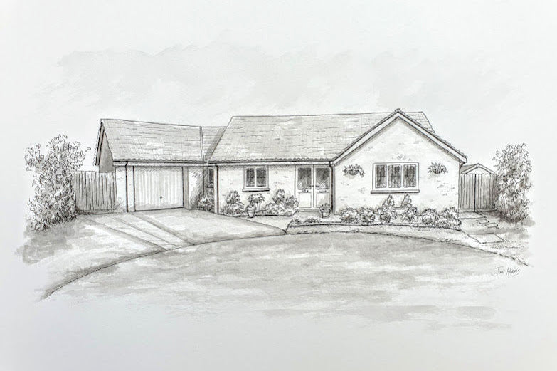 Personalised ink sketch of bungalow at end of cul-de-sac