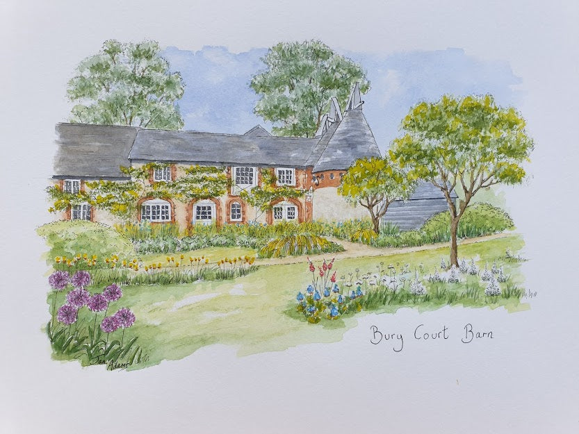 Bury Court Barn venue painting in ink and watercolour