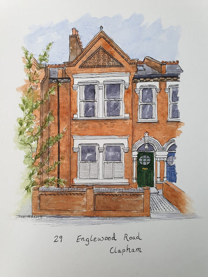 Personalised house portrait sketch of red brick town house in Clapham