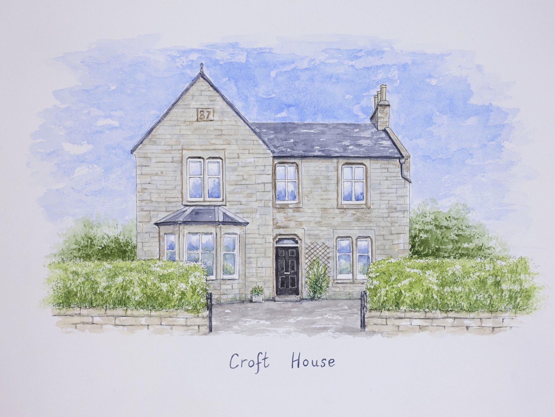 Detached character home painted in pen and watercolour wash