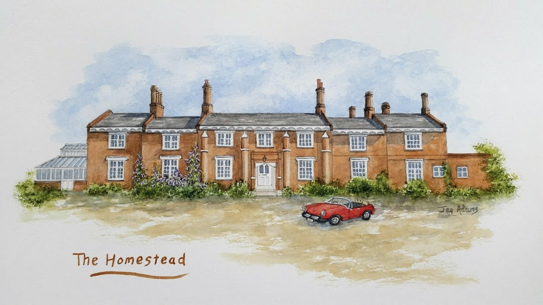 The Homestead painting with red sports car 