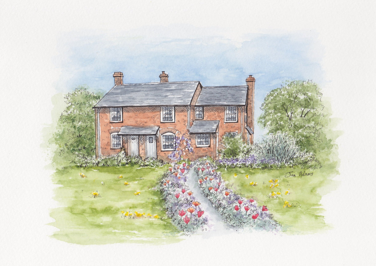 Detached red brick house with wildflower edging to path