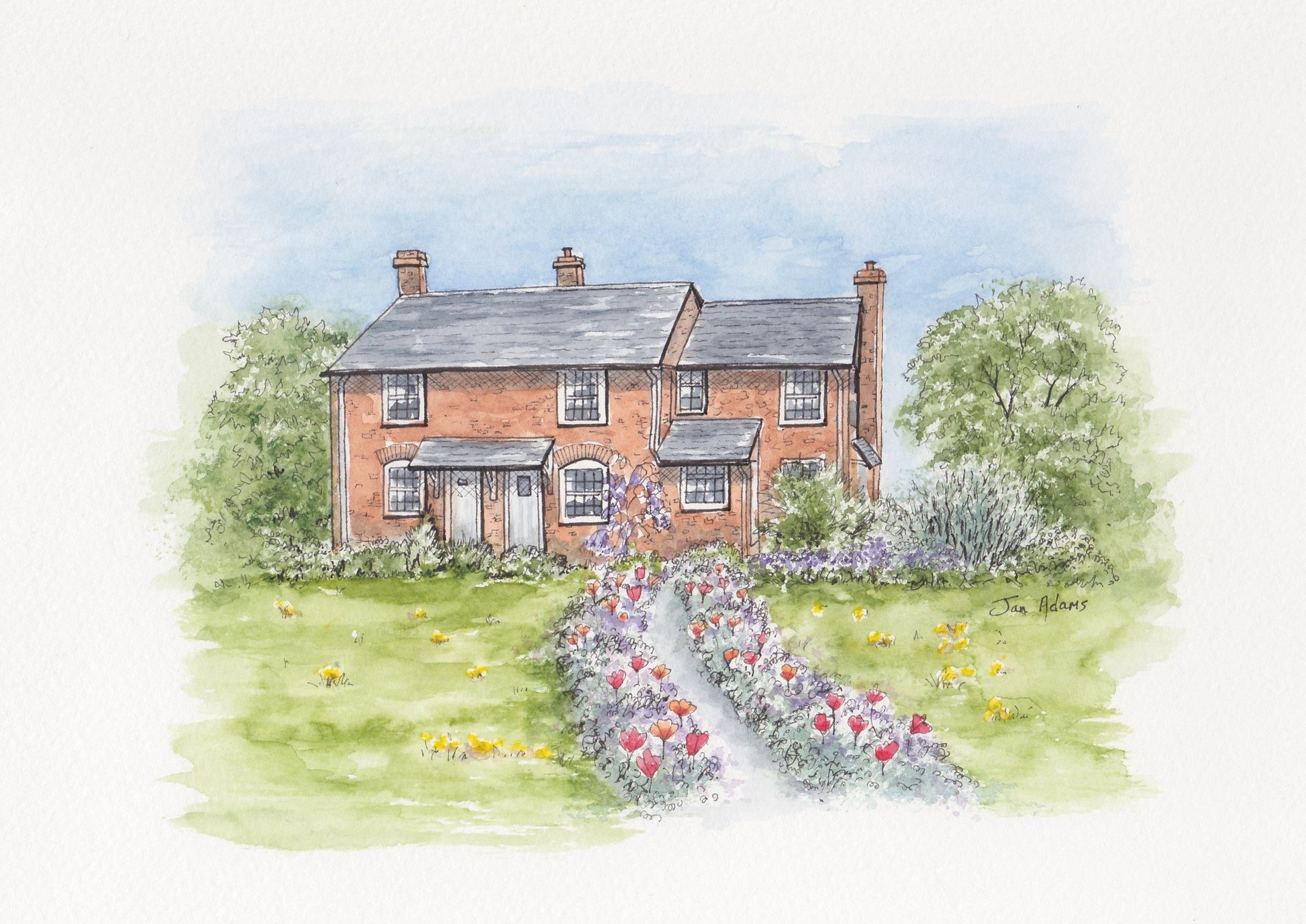 Detached red brick house with wildflower edging to path