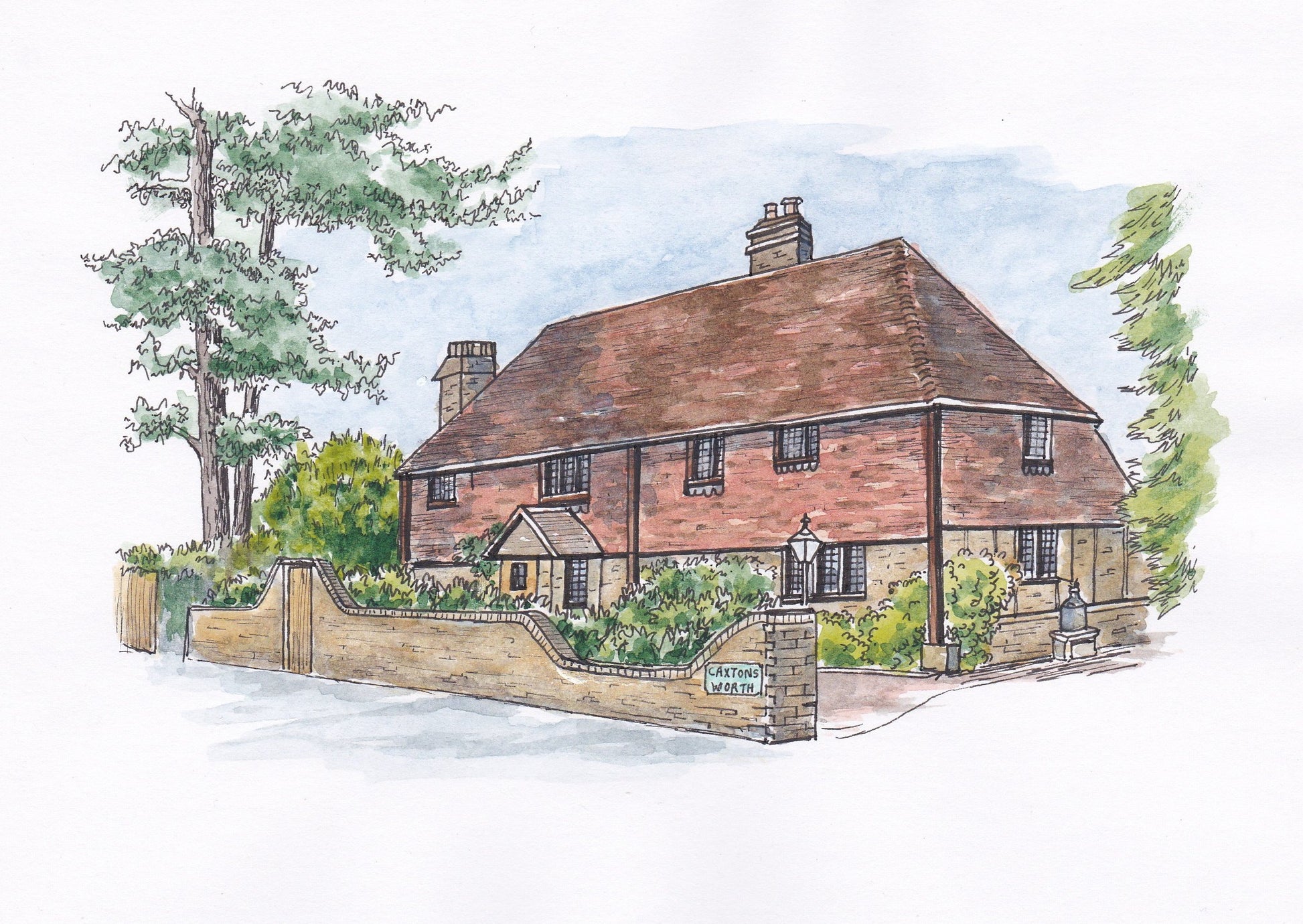 Pen and ink sketch of house in country lane
