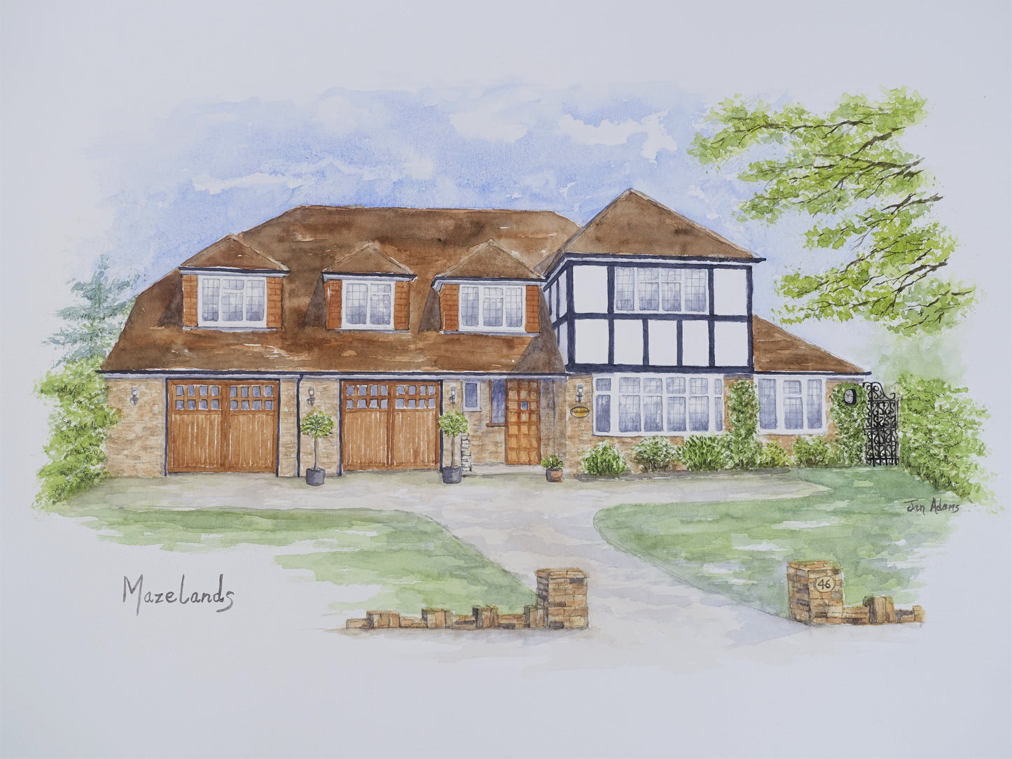Personalised house portrait of detached house with double garages and tudor style beams