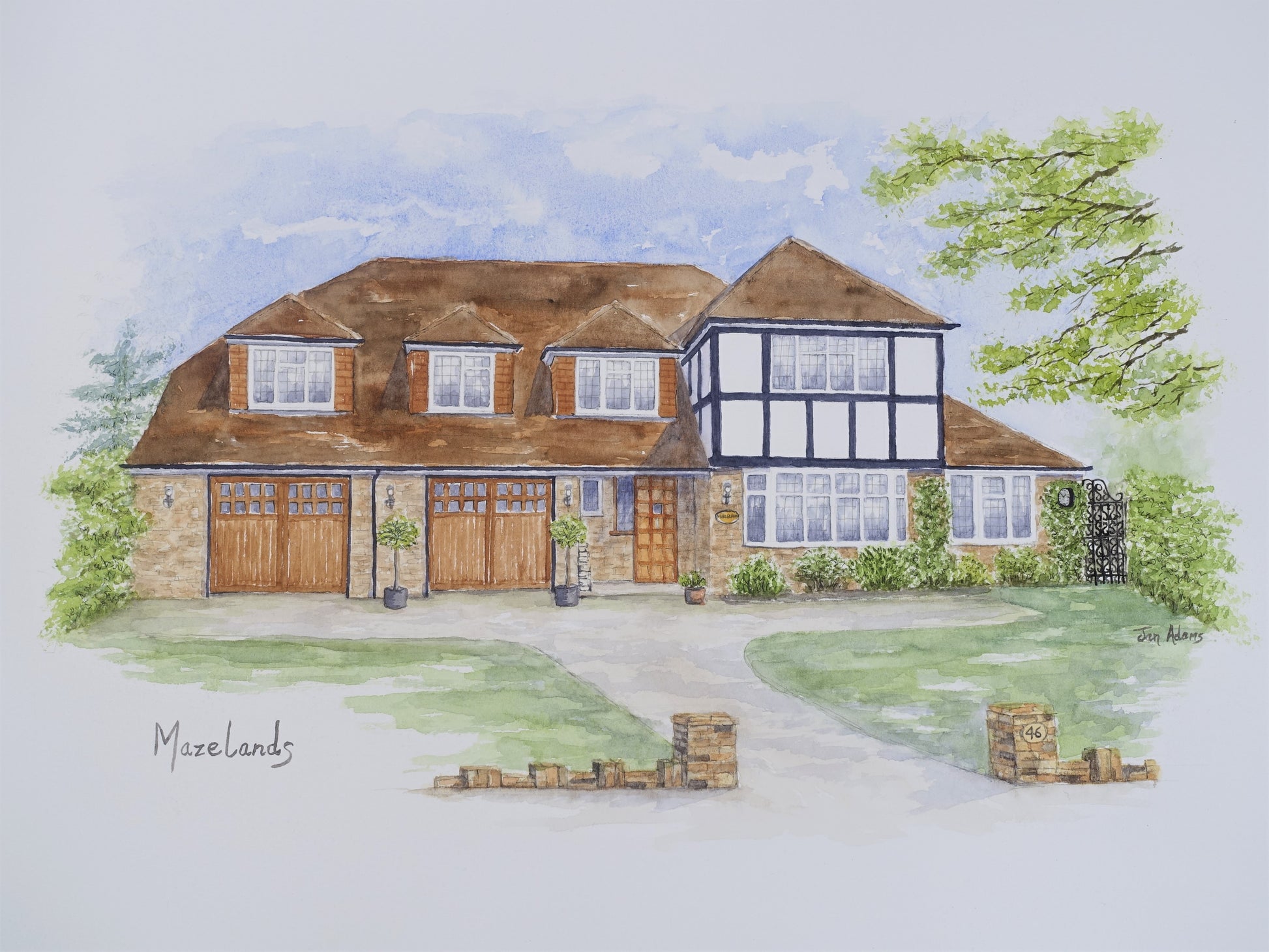 Personalised house portrait of detached house with double garages and tudor style beams