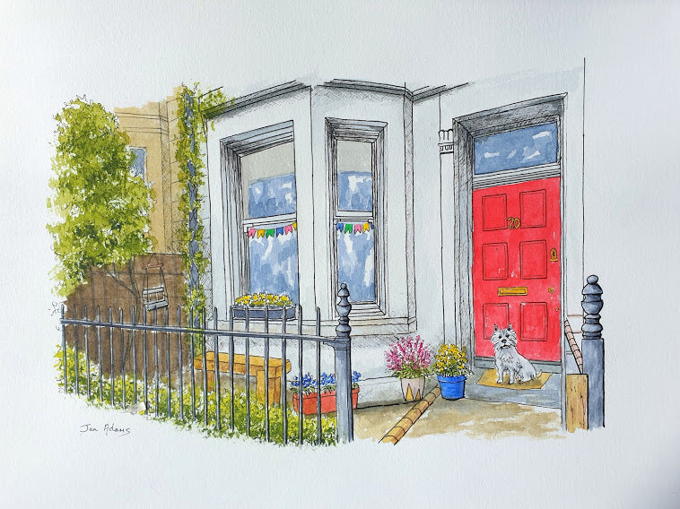House illustration of Edinburgh flat with Scottie dog on the front step and red front door
