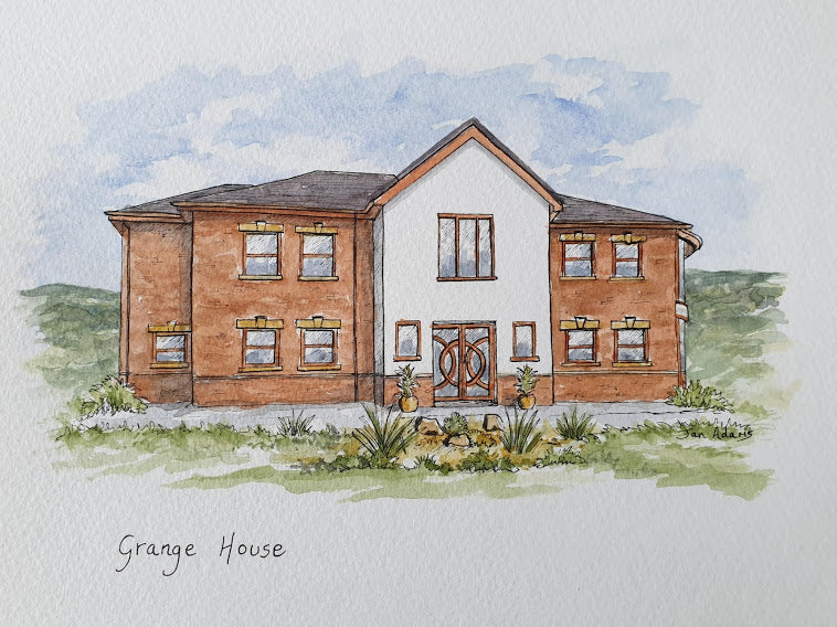 Grange House painted in line and watercolour wash