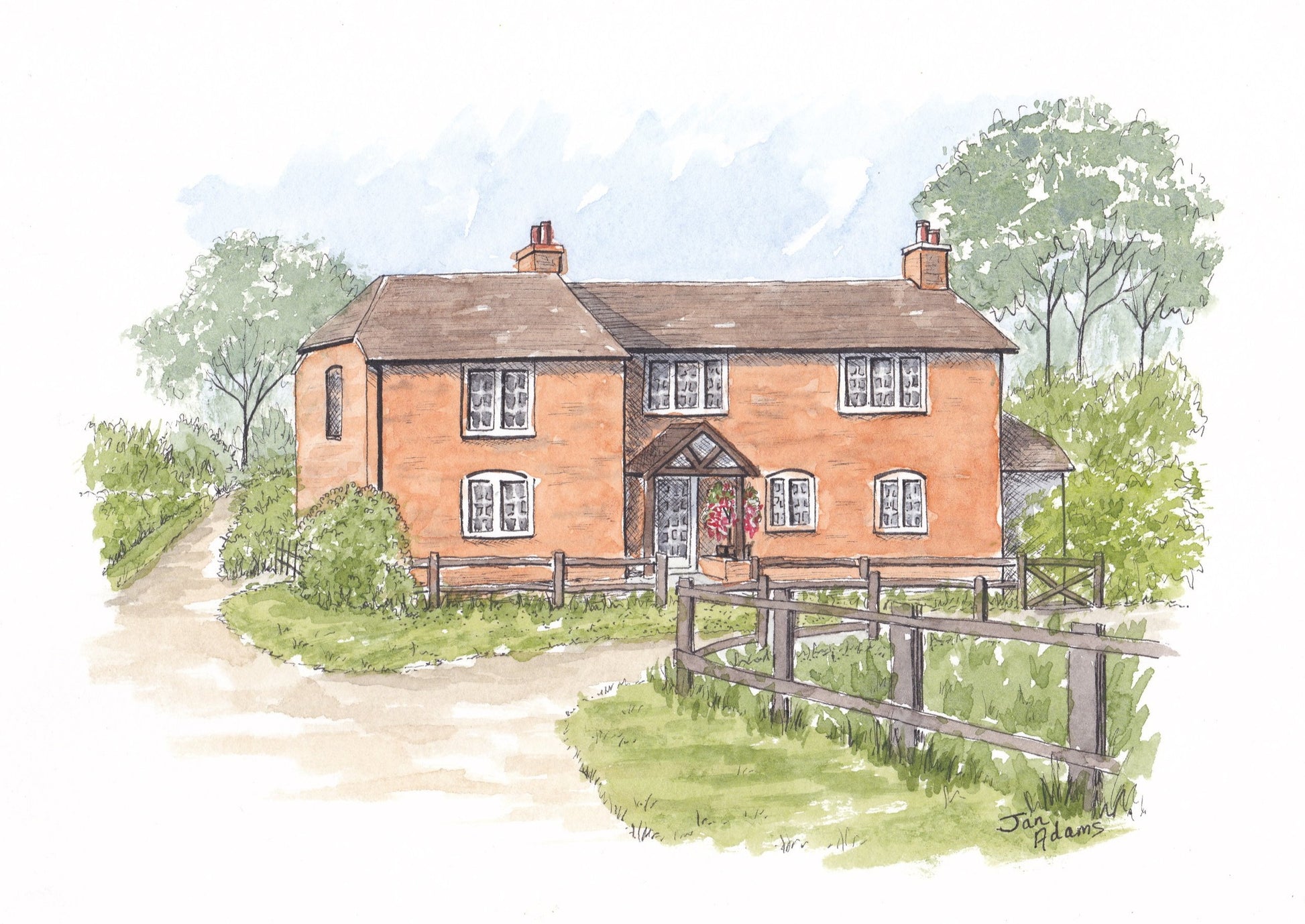Custom house painting of red brick house at end of lane