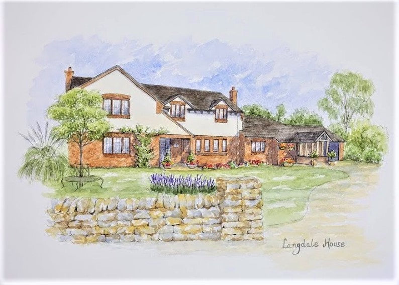 Painting of Langdale House with drystone wall and gardens