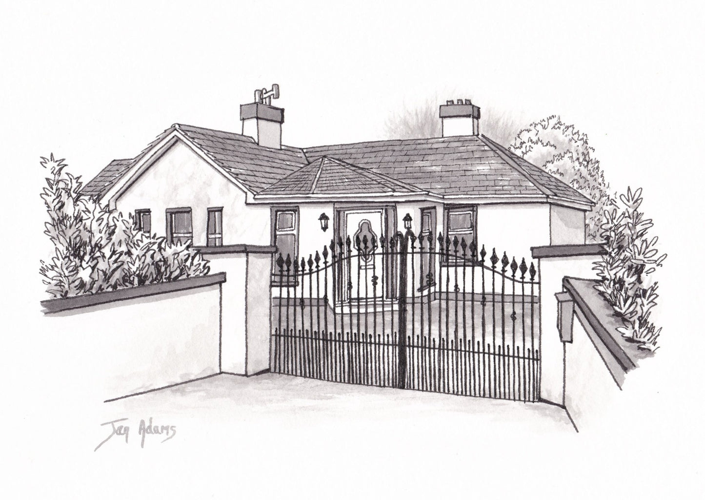 Monochrome house portrait sketch, pen and ink artwork