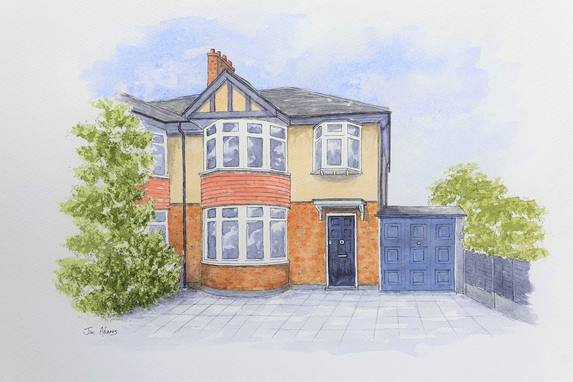 Semi detached house in ink and watercolour
