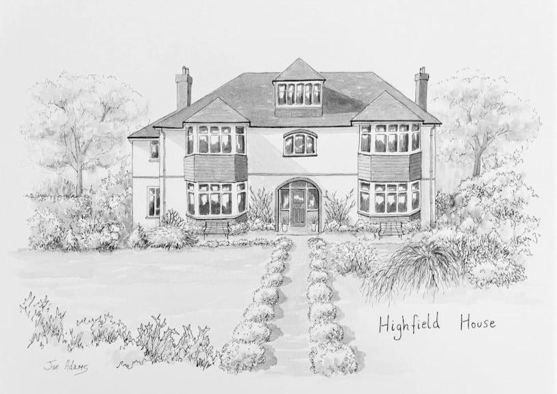 Contemporary, modern black and white painting of detached house 