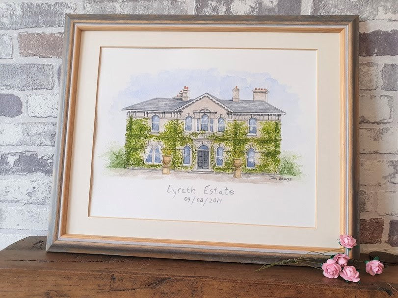 Watercolour painting of Lyrath Estate in brown frame with pink flowers