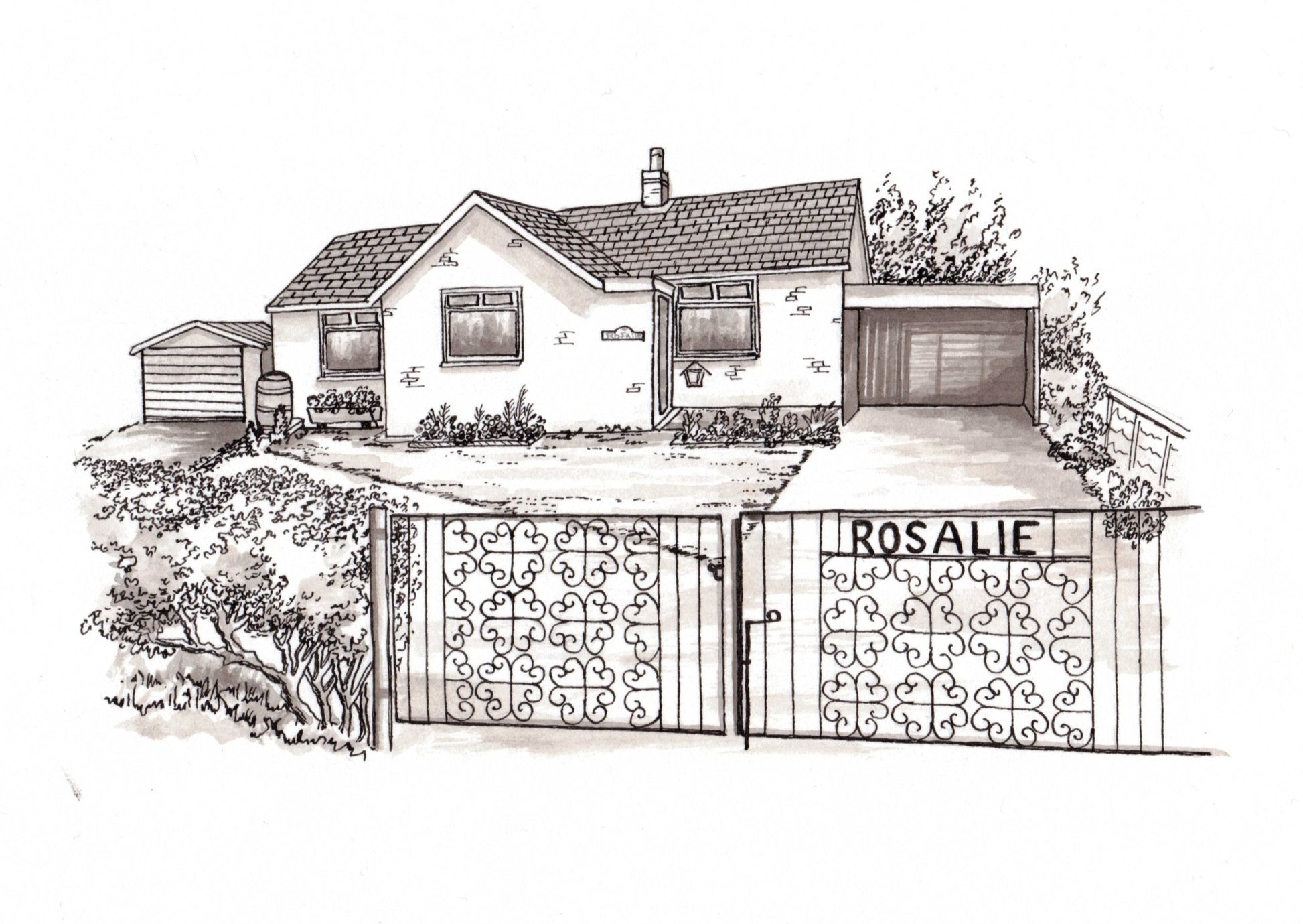 Pen and ink portrait of bungalow from photo